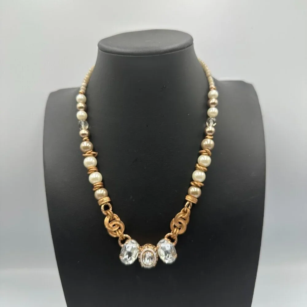 Elisabetta Ricciardi Necklace Rose Gold Tone Faux Pearl Clear Crystal Beaded 16
